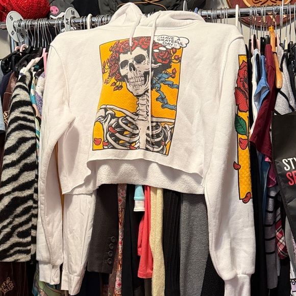 Grateful Dead Liquid Blue White Cropped Hoodie with Skeleton and Roses - Picture 1 of 1
